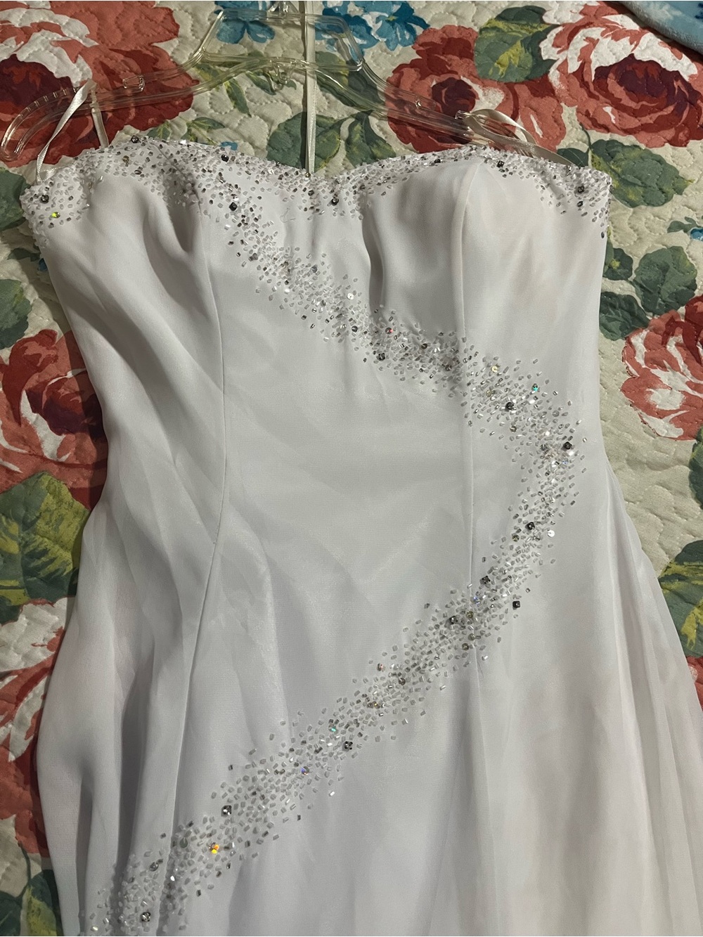 Strapless White Evening Gown with Crystal Spiral Detailing